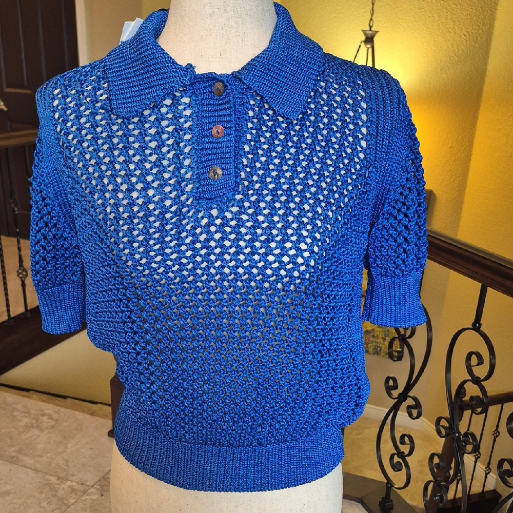 Zara Royal Blue Open-Knit Polo Sweater